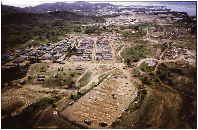 An aerial view of U.S. Naval Base Guantanamo Bay and its migrant camps