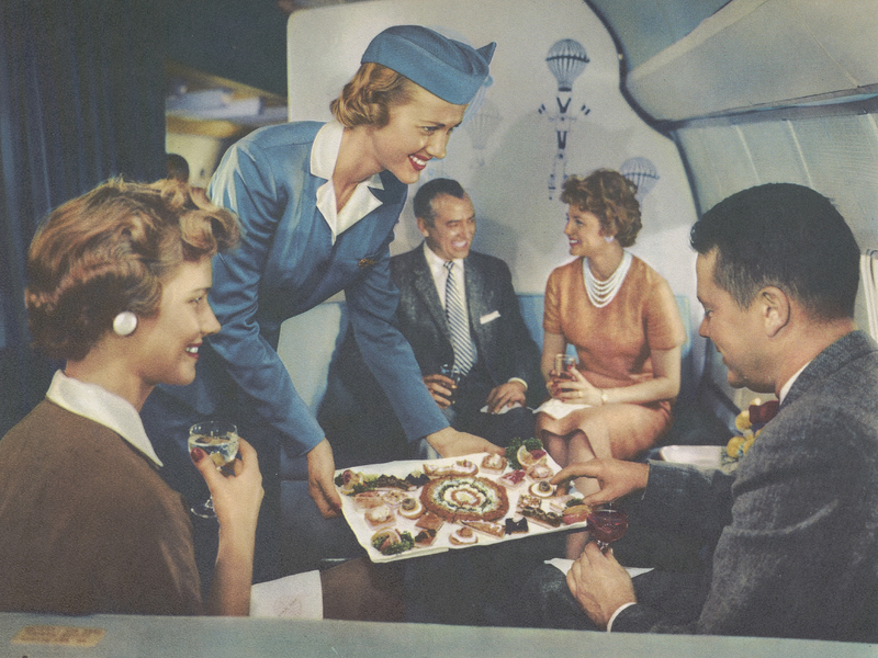 Artistic sketch of food service aboard  the Boeing 707 airplane