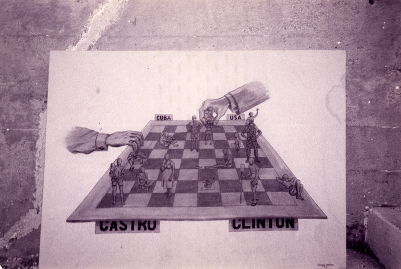 A work by artist Sergio Lastres depicts Cuban rafters as pawns in a political chess game, 1994