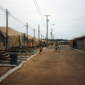Wooden housing being built for Cuban rafters at Guantanamo Bay Naval Base, 1990s