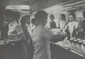 Buffet food service in the galley of a Boeing 747, circa 1970