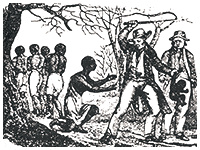 Image of Slaves Punishment: man whipping a woman tied to a post